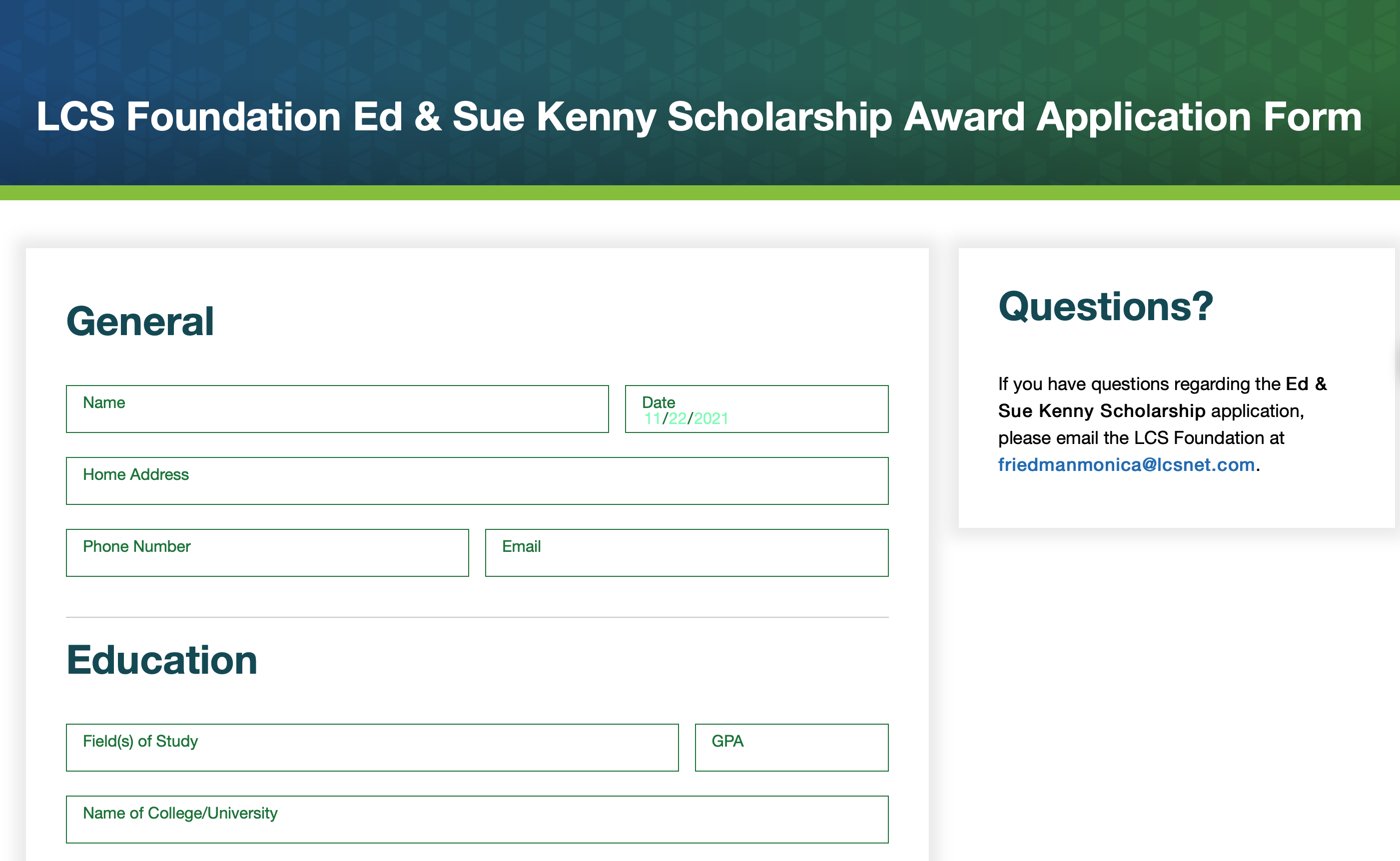 Ed and Sue Kenny Scholarship Application Screenshot
